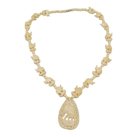 Bovine Bone Bead Beaded Elephant Carved Statement Necklace - Picture 1 of 6